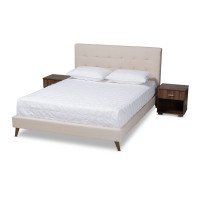 Baxton Studio CF9058-Beige-Queen Maren Mid-Century Modern Beige Fabric Upholstered Queen Size Platform Bed with Two Nightstands
